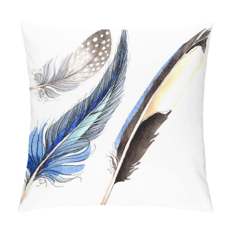 Personality  Watercolor Blue And Black Bird Feather From Wing Isolated. Aquarelle Feather For Background. Watercolour Drawing Fashion. Isolated Feathers Illustration Element. Pillow Covers