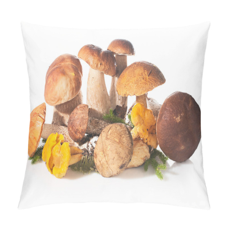 Personality  Fresh Forest Edible Mushrooms On A White Background. Pillow Covers