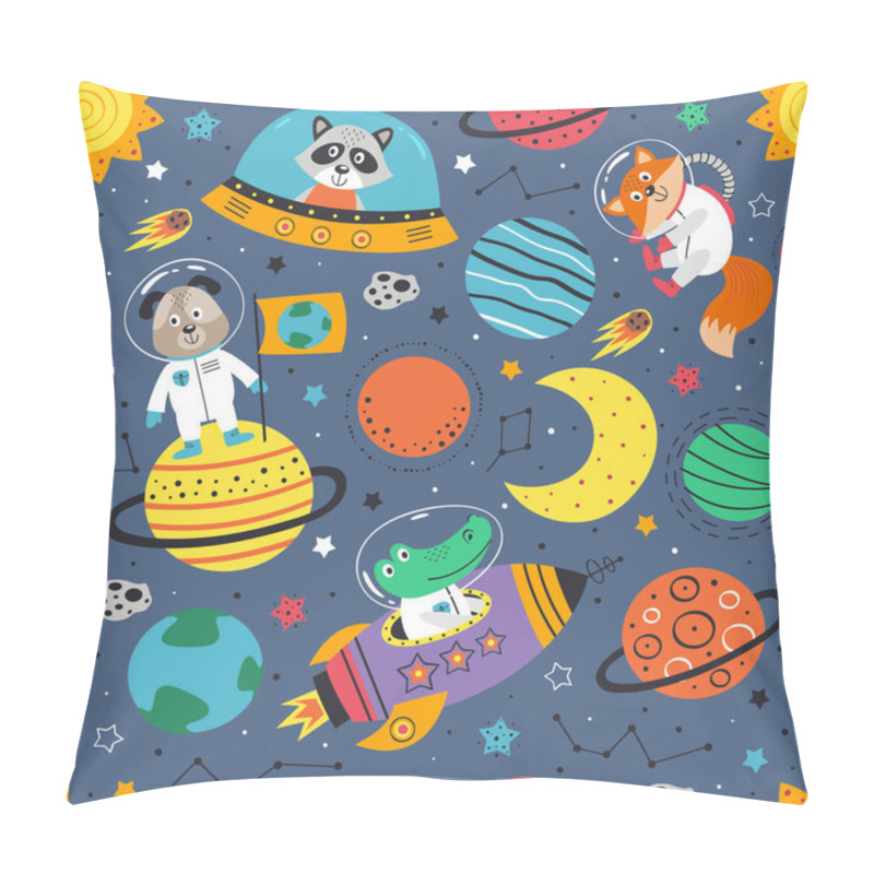 Personality  Seamless Pattern With Space Animals. Crocodile,dog,fox And Raccoon In Space - Vector Illustration, Eps     Pillow Covers