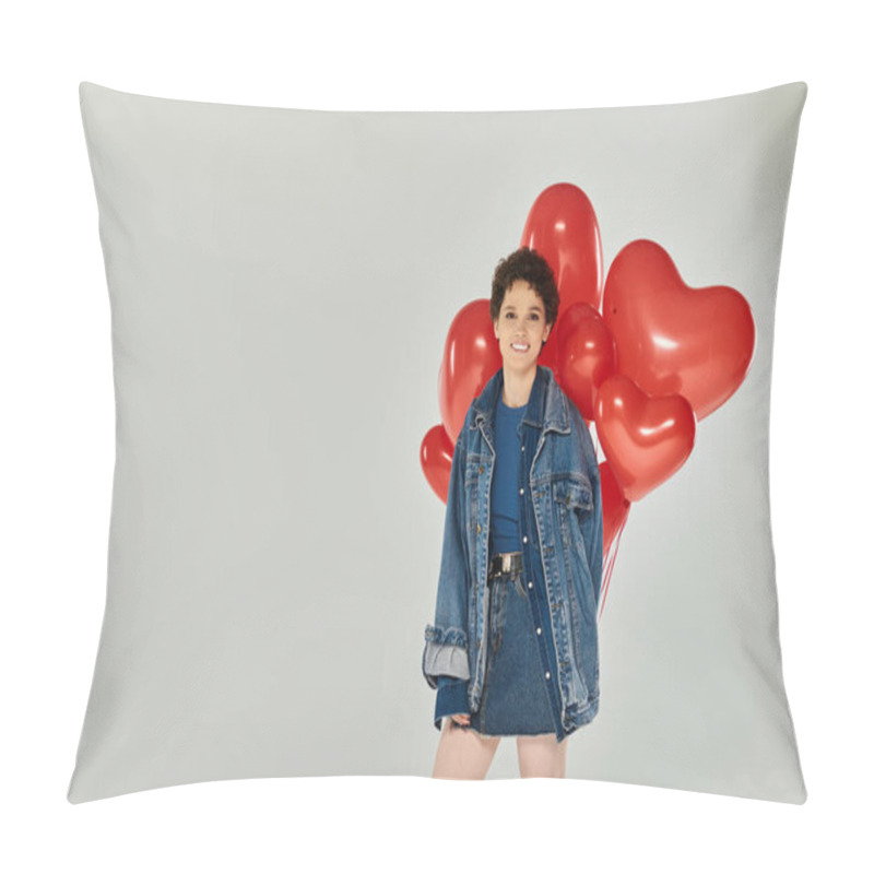 Personality  A Fashionable Young Woman Poses Confidently With Bright Red Heart Balloons, Radiating Joy. Pillow Covers