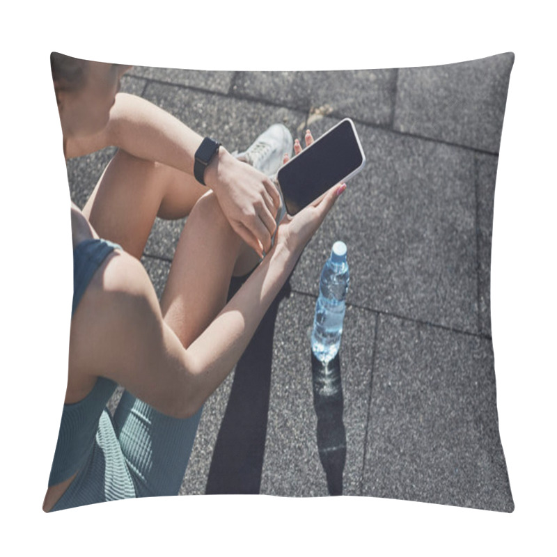 Personality  Top View Of Fit Woman In Activewear With Fitness Tracker On Wrist Using Smartphone Near Water Bottle Pillow Covers