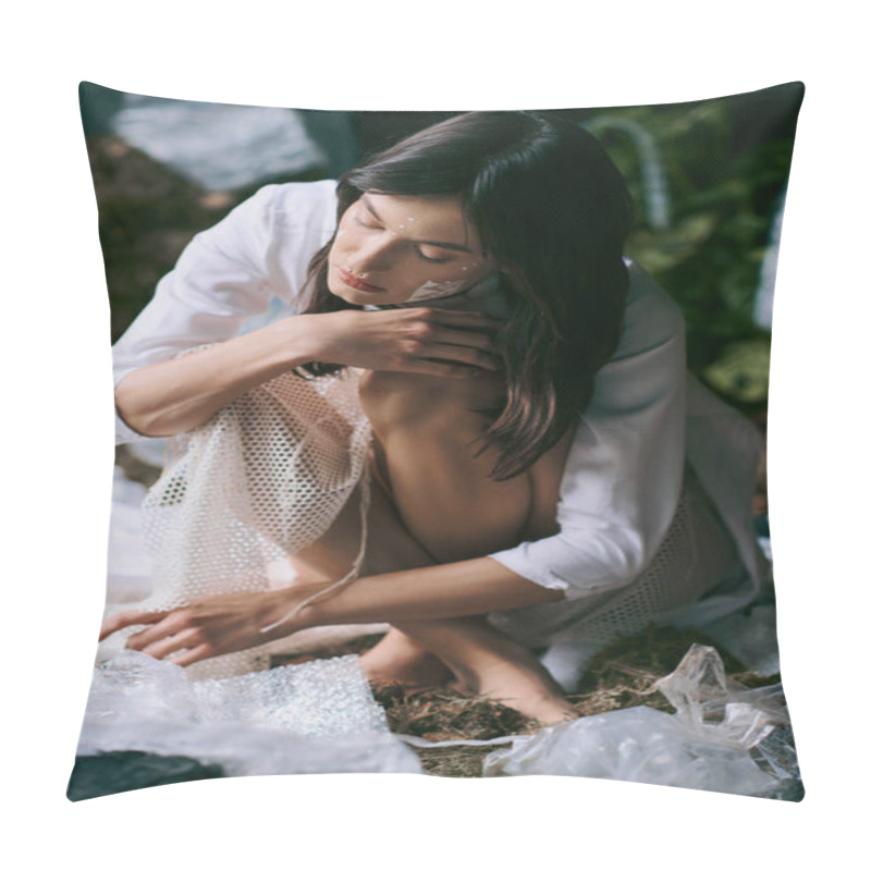 Personality  A Woman Sits Among Plastic Waste, Her Expression Contemplative. Pillow Covers