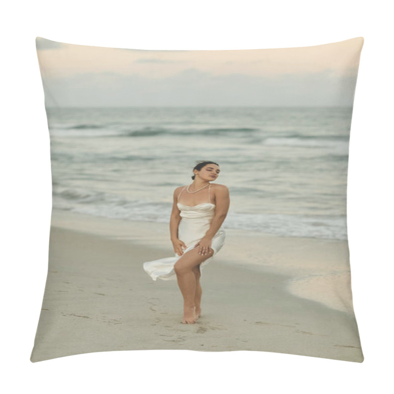 Personality  A Beautiful Young Woman In A Flowing White Dress Stands On A Sandy Beach In Miami, The Setting Sun Casting A Warm Glow On The Scene. Pillow Covers