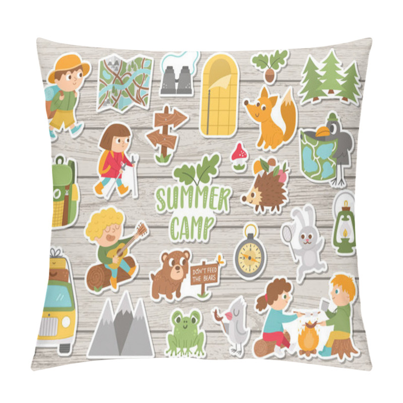 Personality  Vector Summer Camp Stickers Set. Camping, Hiking, Fishing Equipment Patches Collection With Cute Kids And Forest Animals On Wooden Background. Outdoor Nature Tourism Patches Pack Pillow Covers