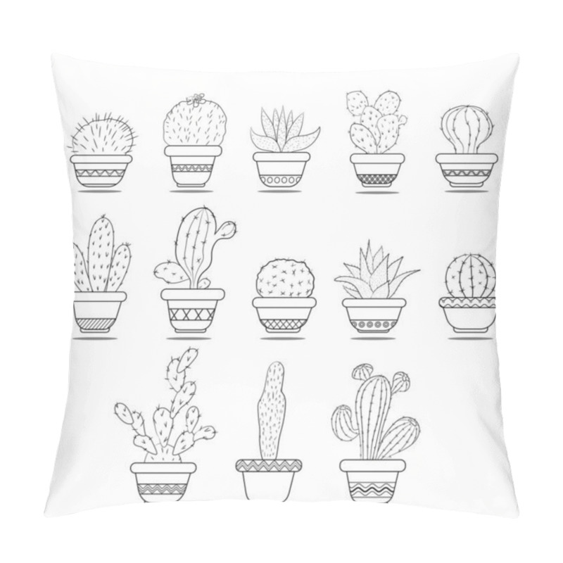 Personality  Cacti In The Pots. Isolated Black White Illustration On White Background. Pillow Covers