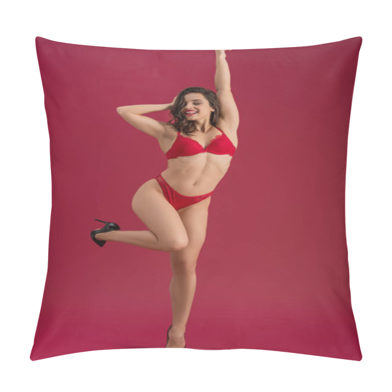 Personality  Sexy, Cheerful Girl In Lingerie And High Heeled Shoes Posing With Raised Hand On Red Background Pillow Covers