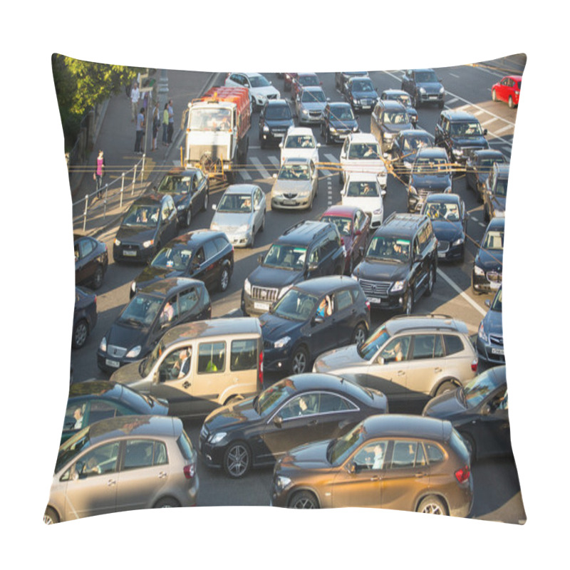 Personality  MOSCOW - JUNE 13: Cars Stands In Traffic Jam On The City Center, June 13, 2013, Moscow Russia. Moscow Mayor Sobyanin Reconstructs Suburban Railways, To Solve Problem Of Traffic Jams In 2016. Pillow Covers