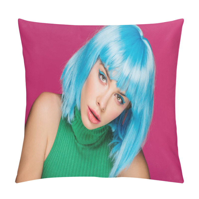 Personality  Beautiful Stylish Girl Posing In Blue Wig, Isolated On Pink Pillow Covers