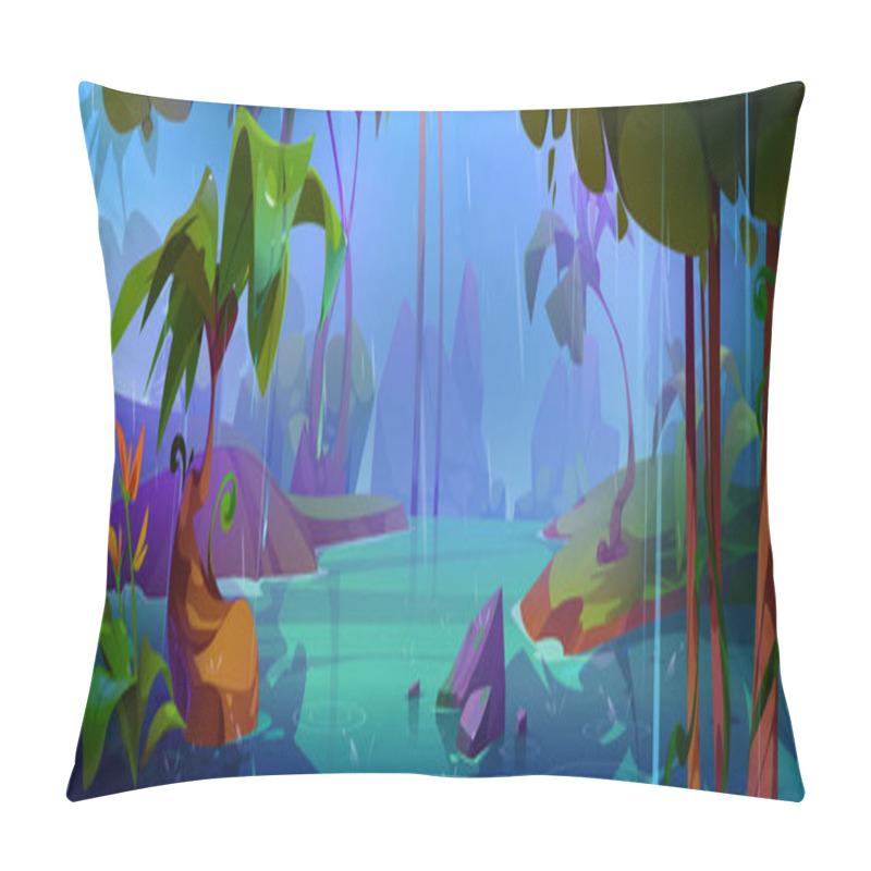 Personality  Rainy Day In Tropical Forest. Vector Cartoon Illustration Of Jungle Landscape With River Or Lake, Exotic Flowers And Palm Trees, Stones In Water, Raindrops Falling From Cloudy Sky, Flooded Island Pillow Covers