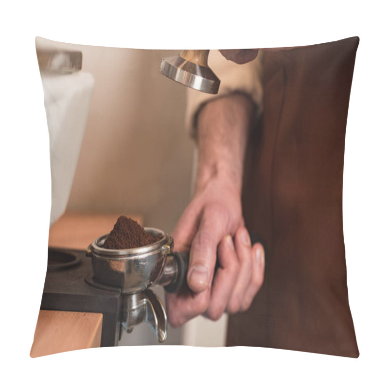 Personality  Cropped View Of Barista In Brown Apron Preparing Coffee Pillow Covers