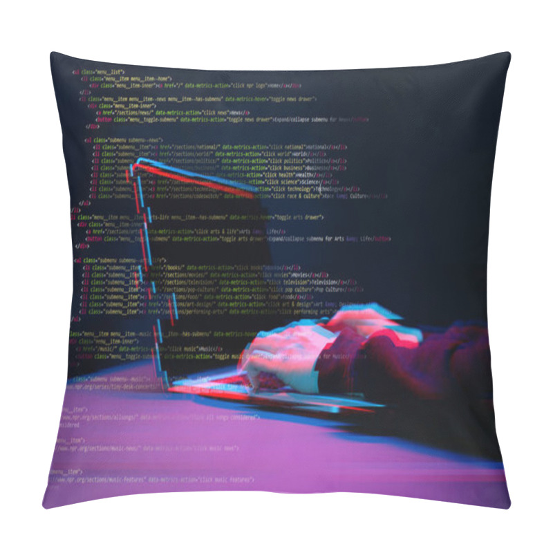 Personality  Hacker Working With Laptop In Dark Room With Digital Interface Around. Image With Glitch Effect. Pillow Covers