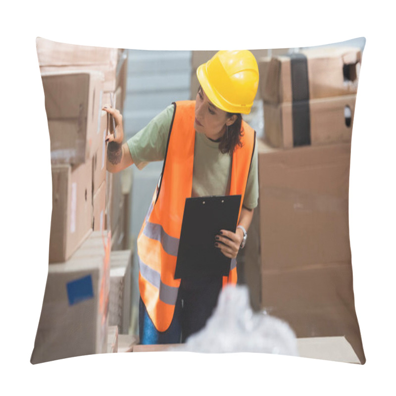 Personality  Female Warehouse Worker In Hard Hat And Safety Vest Holding Clipboard While Checking Cargo Pillow Covers