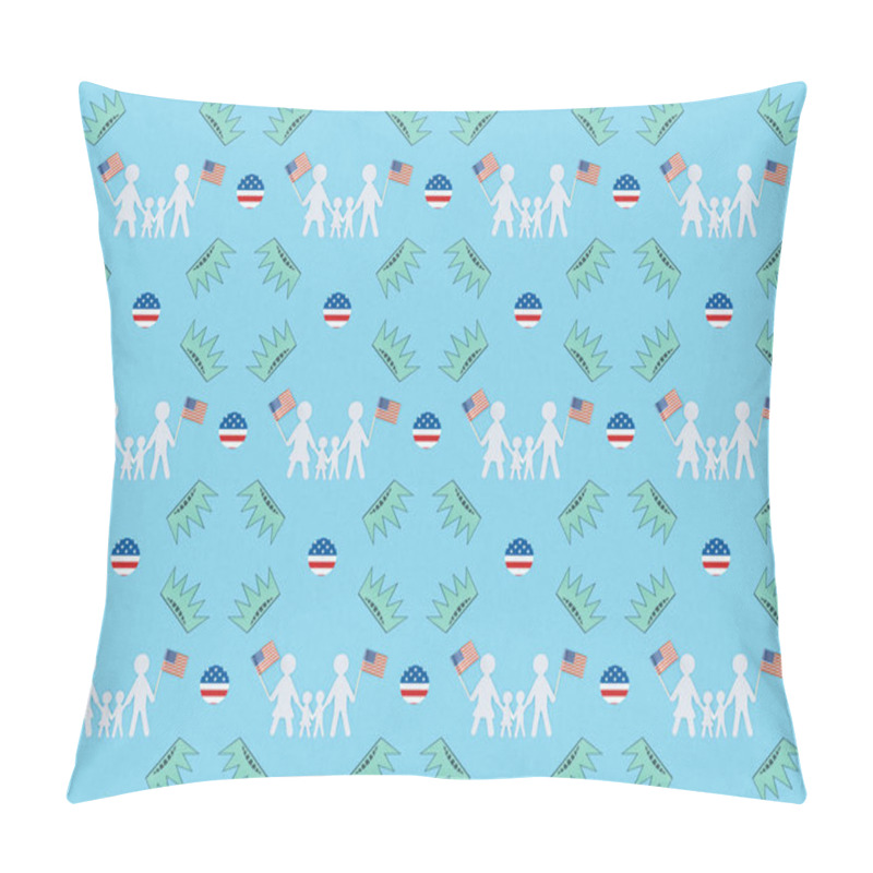 Personality  Seamless Background Pattern With White Paper Cut Families With American Flags And Crowns On Blue, Independence Day Concept Pillow Covers