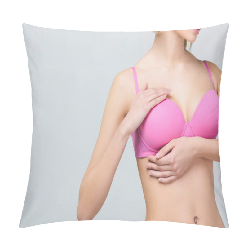 Personality  Cropped View Of Woman In Pink Bra Touching Breast Isolated On Grey, Breast Cancer Concept Pillow Covers