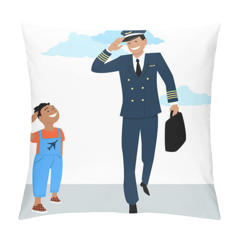 Personality  Little Boy Salutes To A Pilot In Uniform, EPS 8 Vector Pillow Covers