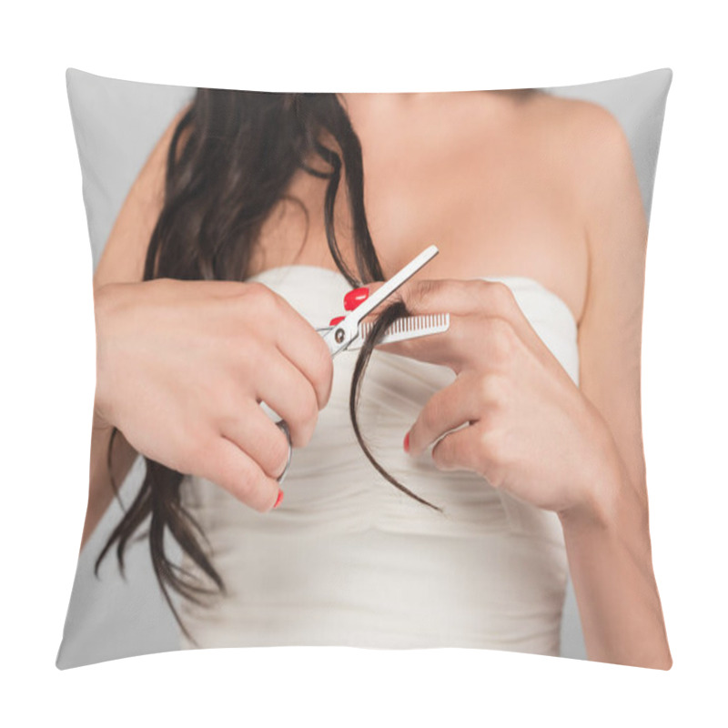 Personality  Cropped View Of Woman In White Top Cutting Hair Tips With Thinning Scissors Isolated On Grey Pillow Covers