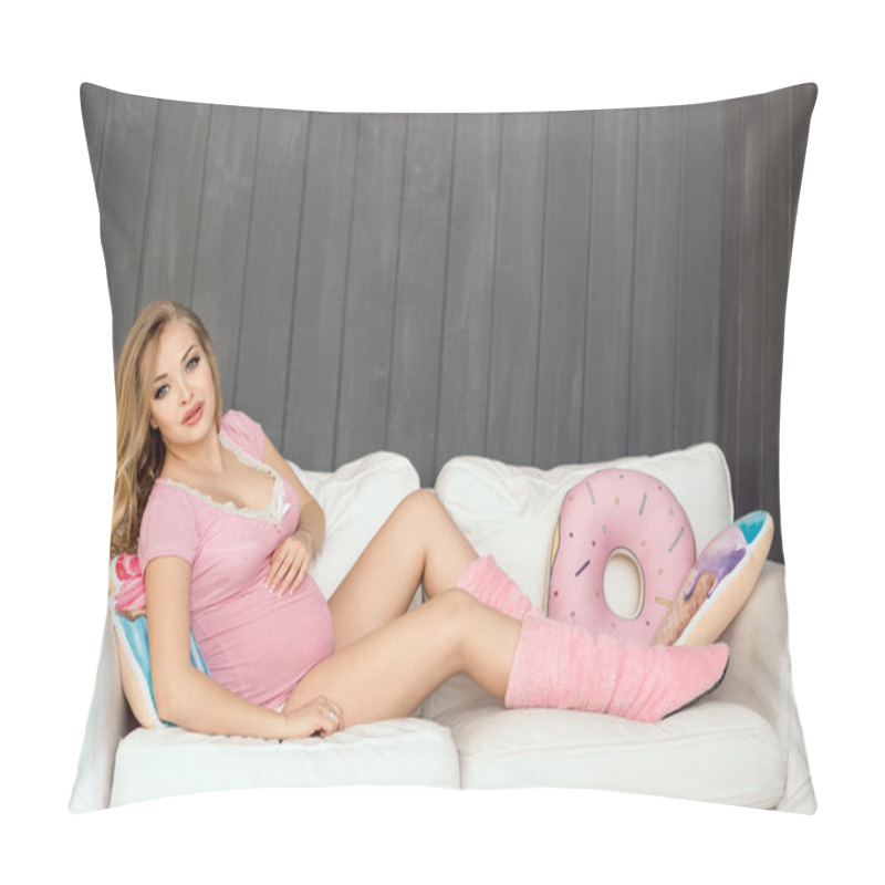 Personality  Pregnant Woman With Toys Of Ice Cream Posing Indoors At Home. Heath Care And Food Consept. Pillow Covers