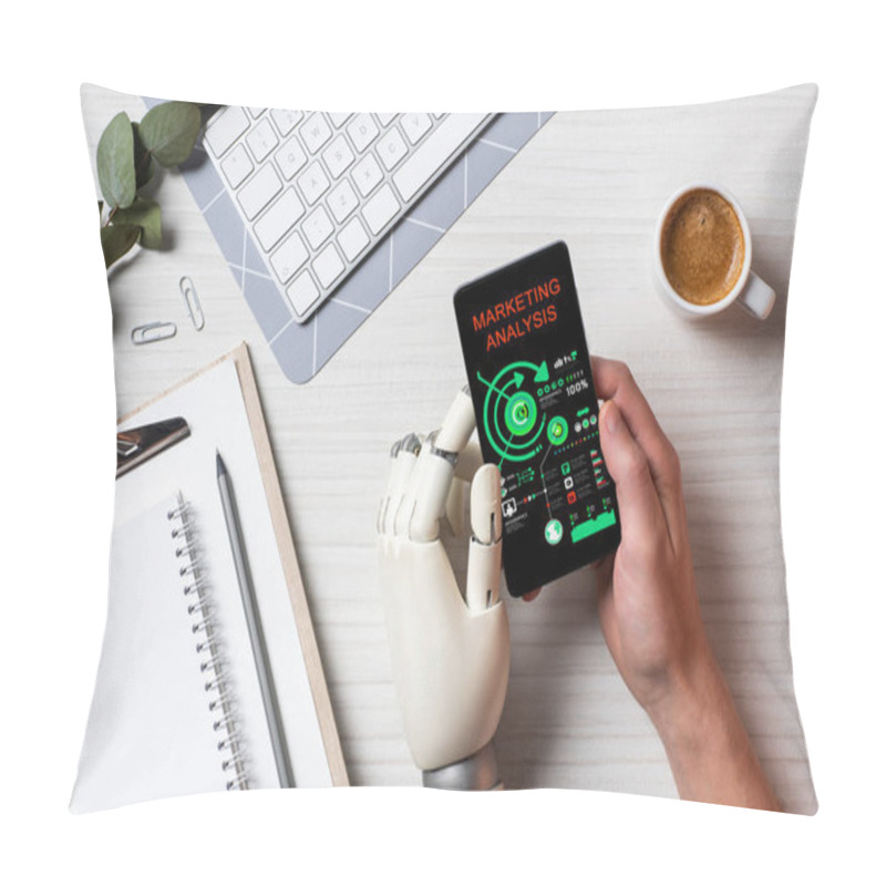 Personality  Cropped Image Of Businessman With Prosthesis Arm Using Smartphone With Marketing Analysis On Screen At Table With Coffee Cup In Office  Pillow Covers