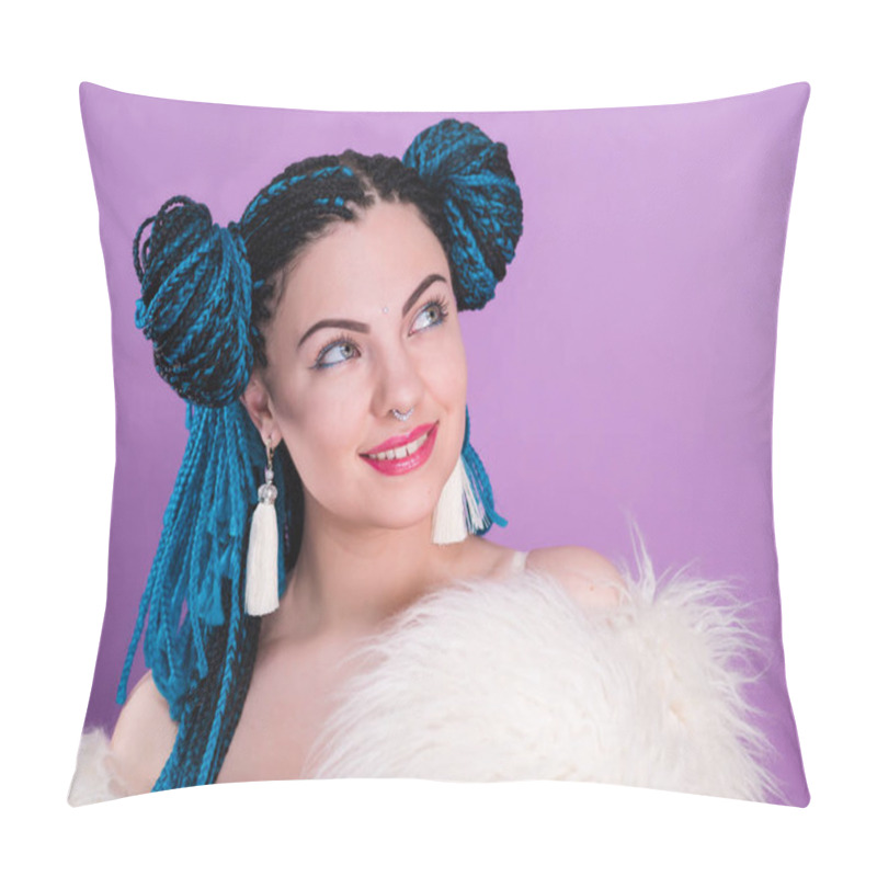 Personality  Glamour Luxury Portrait Of Sexy Woman With African Blue Braids Hairstyle, Bindi, Nose Ring And Tassel Earrings Isolated On Colorful Background. Girl In Fur, Bright Makeup, Hipster, Freaky Pillow Covers