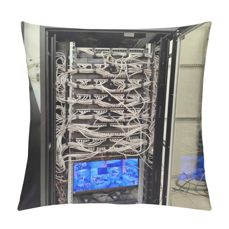 Personality  Complex Network Server With Dense Cable Management And Surveillance Screen, Reflecting Connectivity And Security Infrastructure Pillow Covers