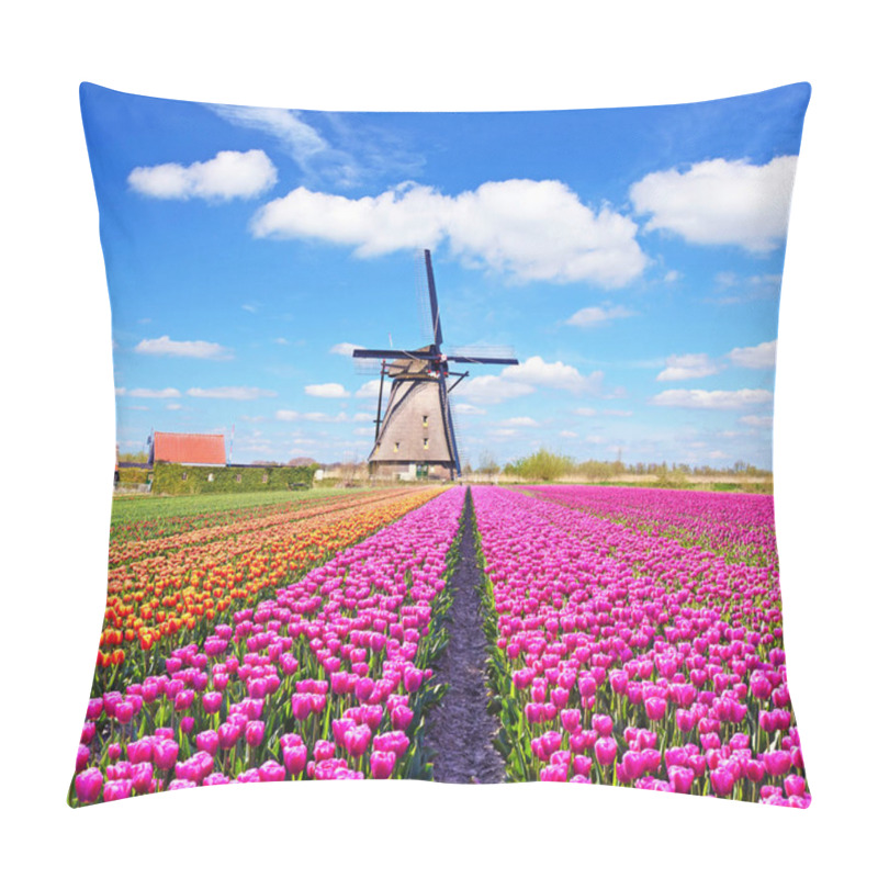 Personality  A Magical Landscape Of Tulips And Windmills In The Netherlands. (Relaxation, Meditation, Anti-stress - Concept) Pillow Covers