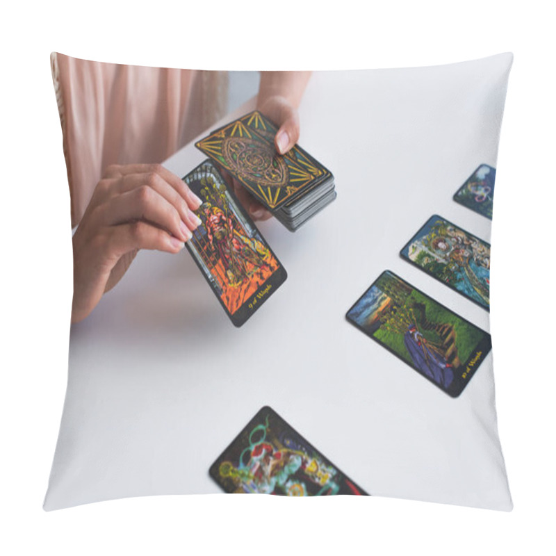 Personality  KYIV, UKRAINE - JUNE 29, 2022: Partial View Of Predictor Holding Tarot Cards During Spiritual Session Pillow Covers