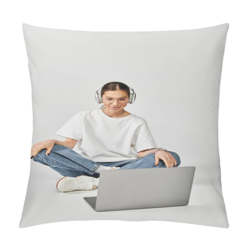 Personality  Young Woman In White T-shirt And Glasses Sits On Floor With Laptop, Focused In Headphones. Pillow Covers