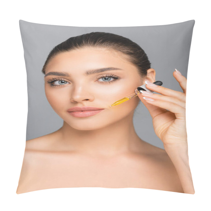 Personality  Naked Woman Applying Serum On Face Isolated On Grey Pillow Covers