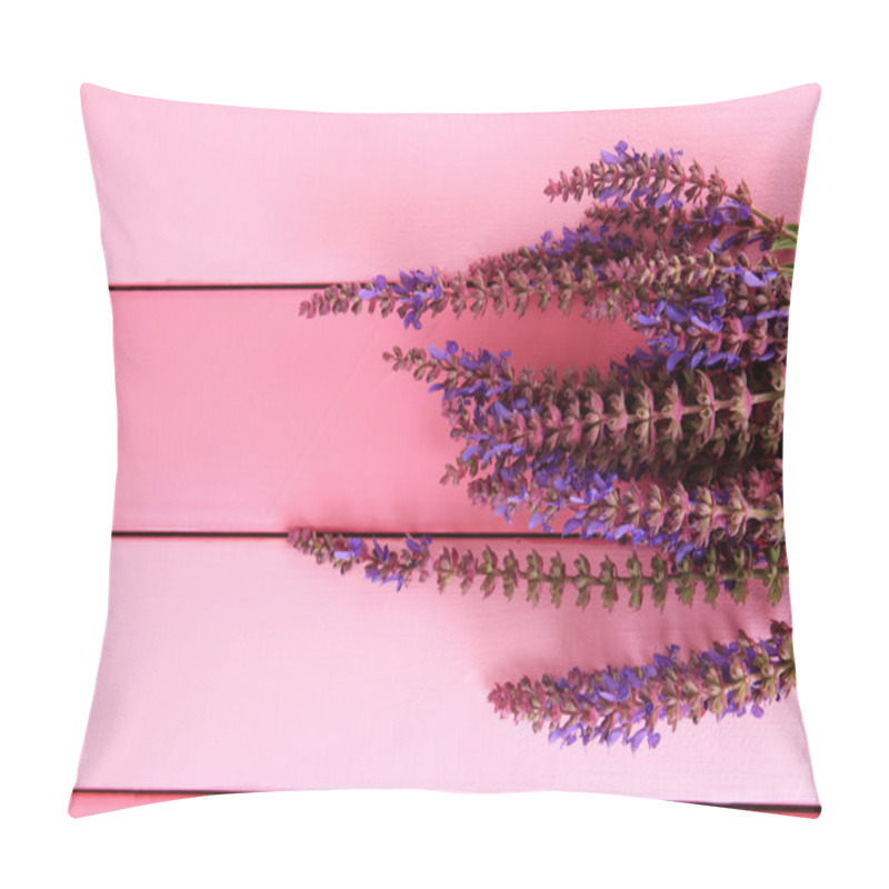 Personality  Salvia Flowers On Pink Wooden Background Pillow Covers