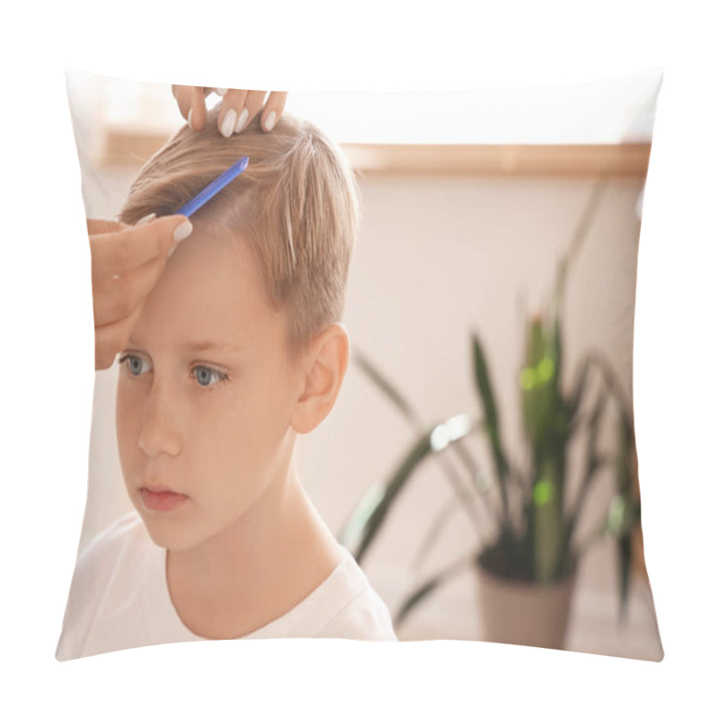 Personality  Mother Brushing Her Little Son's Hair With Pediculosis At Home, Closeup Pillow Covers