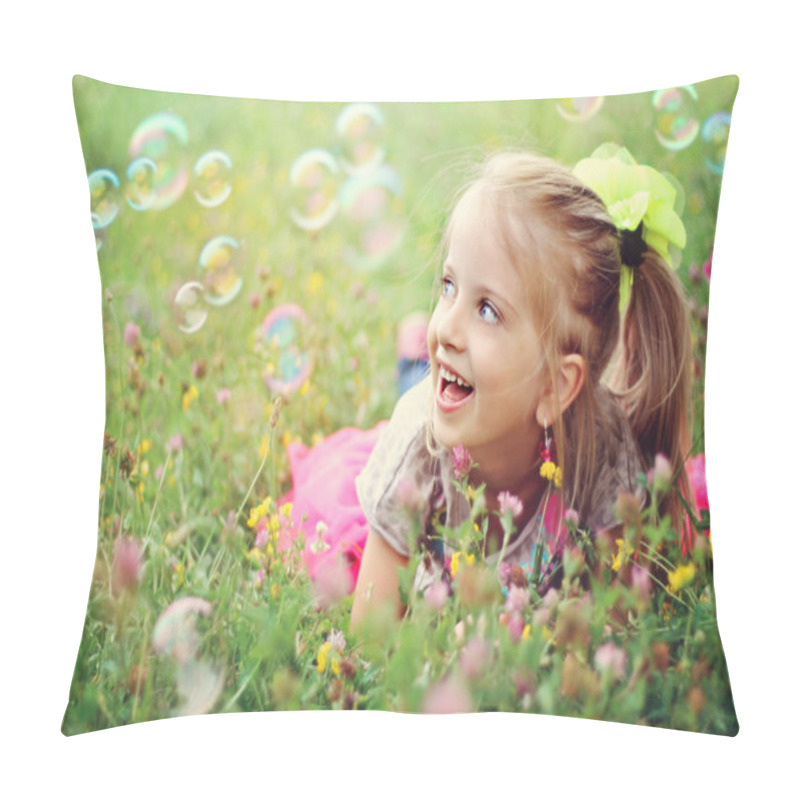 Personality  Happy Little Girl Playing With Bubbles Pillow Covers