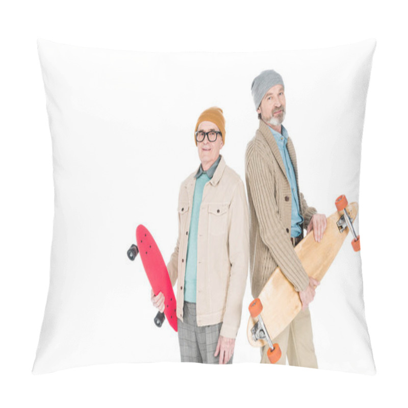 Personality  Stylish Senior Men Holding Skateboards Isolated On White Pillow Covers