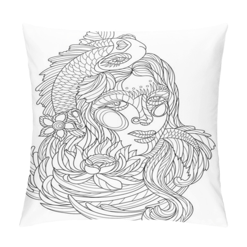 Personality  Vector Line Drawing Girl Flower Crown Flowy Hair. Digital Lineart Image Woman Floral Sea Decoration Hairstyle. Outline Artwork Design Lady Foliage Adorned Head. Pillow Covers