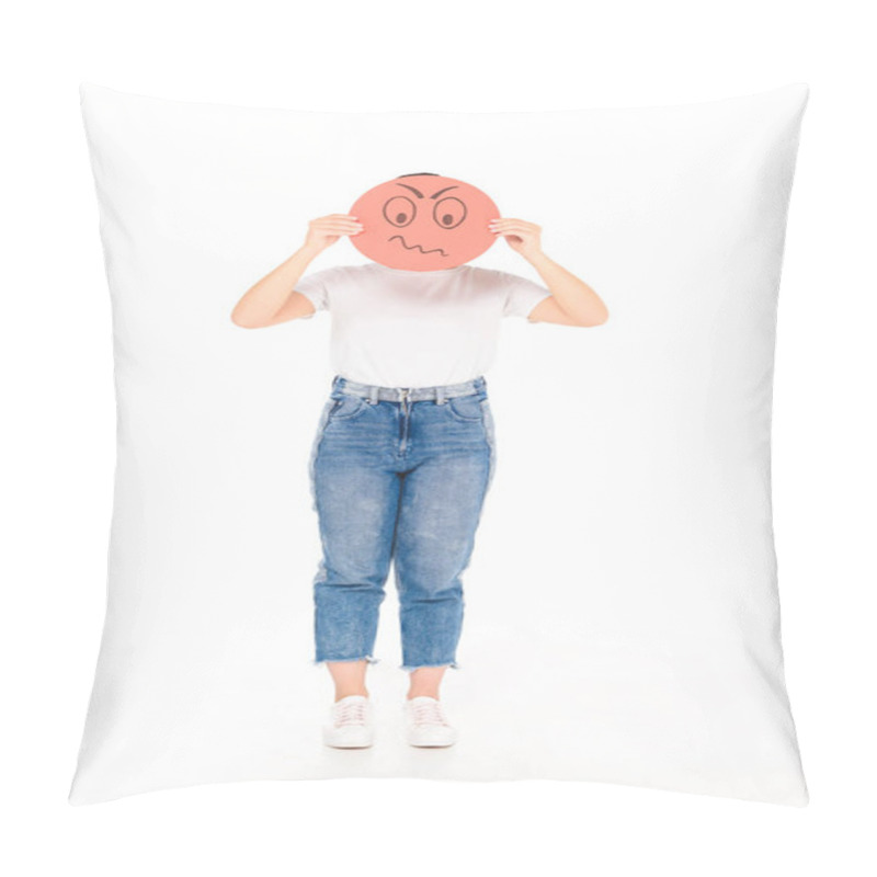 Personality  Girl Holding Red Round Sign With Angry Face Expression Isolated On White Pillow Covers