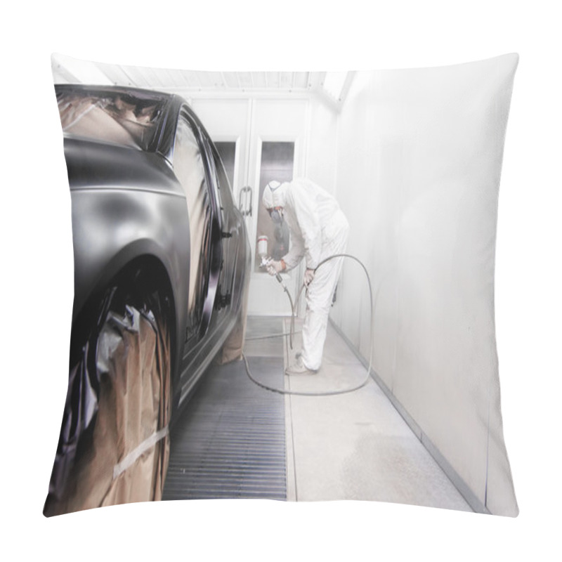 Personality  Worker Painting A Black Car In A Special Garage, Wearing A White Costume Pillow Covers