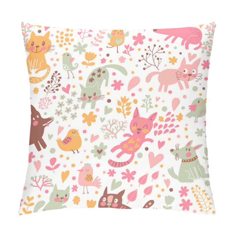 Personality  Bright Childish Seamless Pattern With Birds, Cats And Funny Dogs Pillow Covers