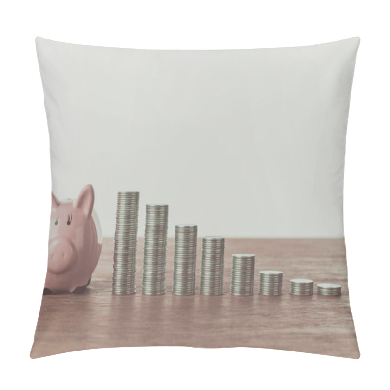 Personality  Small Piggy Bank And Stacks Of Coins On Wooden Table, Saving Concept Pillow Covers