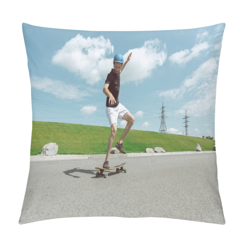 Personality  Skateboarder Doing A Trick At The Citys Street In Sunny Day Pillow Covers