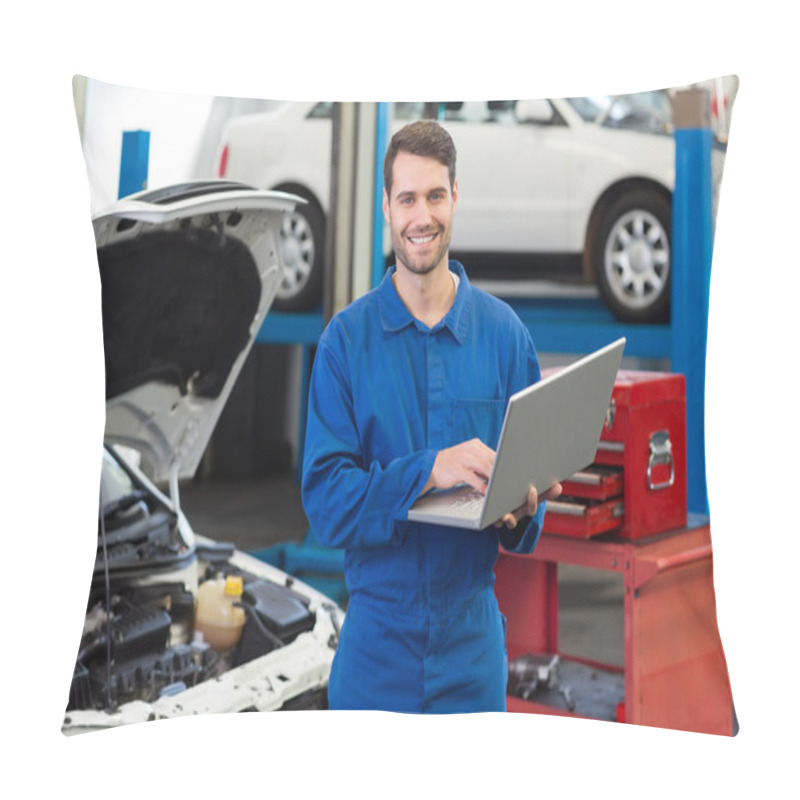 Personality  Smiling Mechanic Using His Laptop Pillow Covers