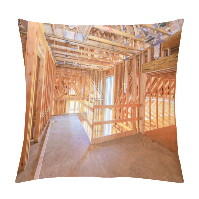 Personality  New Residential Under Construction Is Framing An Unfinished Wood Frame With Wooden Truss, Post Beam Framework Pillow Covers