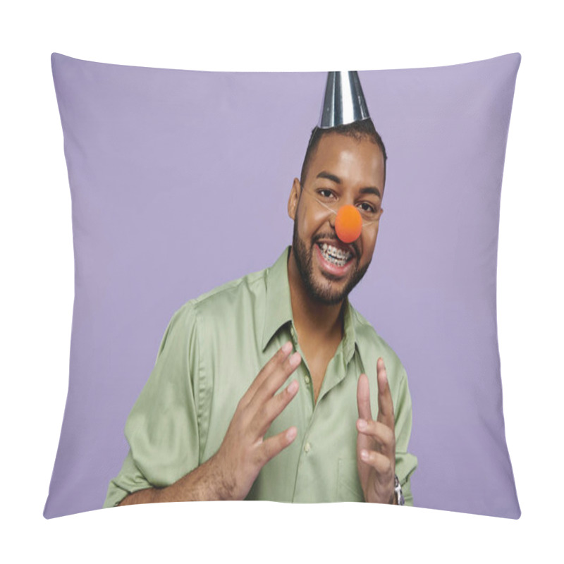 Personality  Young African American Man With Braces, Smiling, Wearing A Clown Nose And Party Hat On Purple Backdrop. Pillow Covers