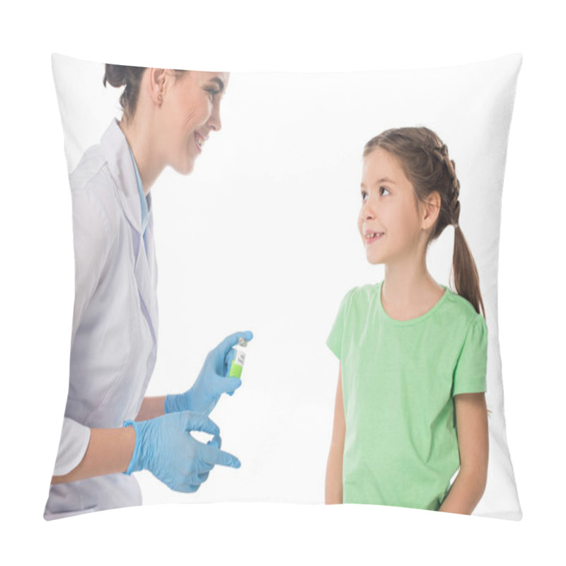 Personality  Smiling Pediatrician With Hpv Vaccine Looking At Kid Isolated On White Pillow Covers