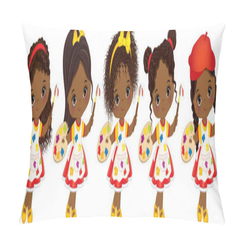 Personality  Vector Cute Little African American Artists With Palettes And Paint Brushes Vector Little African American Girls Pillow Covers