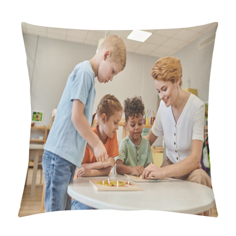 Personality  Smiling Teacher And Interracial Kids Playing With Didactic Material In Class In Montessori School Pillow Covers