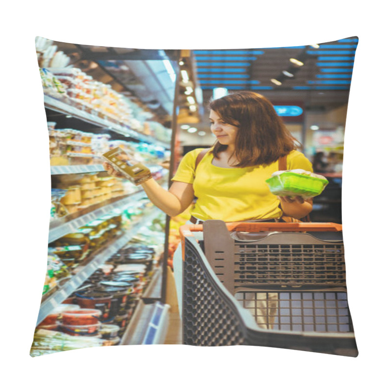 Personality  Young Pretty Adult Woman Do Shopping In Grocery Store Pillow Covers