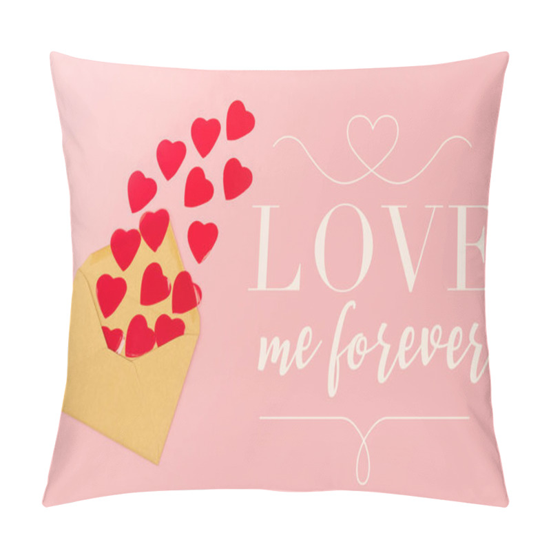 Personality  Top View Of Red Paper Hearts And Envelope Near Love Me Forever Lettering On Pink Background Pillow Covers