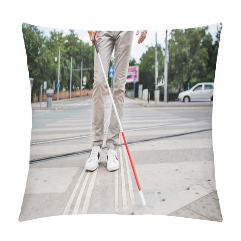 Personality  Midsection Of Young Blind Man With White Cane Walking Across The Street In City. Pillow Covers