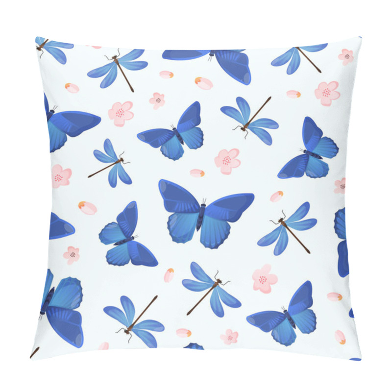 Personality  Bright Blue Butterflies And Dragonflies Seamless Pattern. Pillow Covers