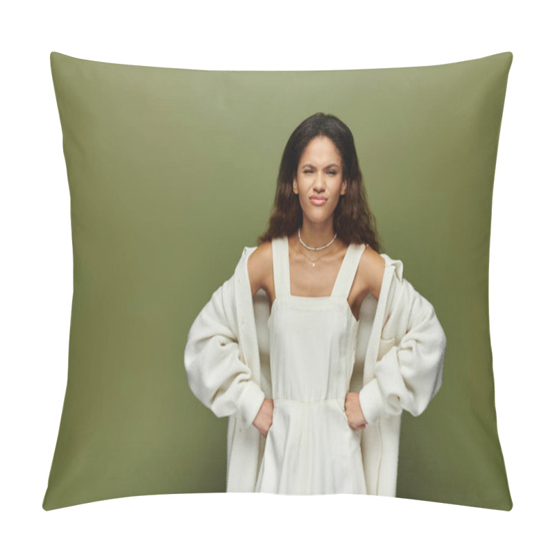 Personality  A Vibrant Portrait Shows A Stylish Woman Exuding Confidence Against A Serene Backdrop. Pillow Covers