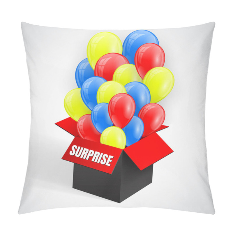 Personality  Surprise Poster With Balloons Bunch Flying From Open Red Box. Vector Illustration Pillow Covers